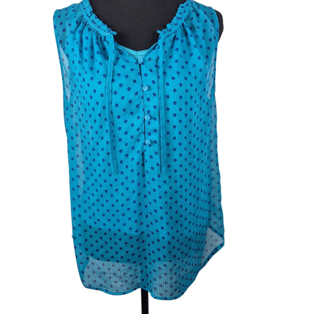 Liz Claiborne Sleeveless Top Women Size M Teal Blue Polka Dot Ruffle Tie